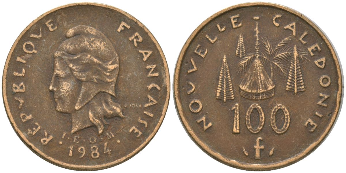 Французская Новая Каледония 100 франков 1984 хижина среди сосен и пальм, (IEOM) KM 15, Schoen 16, Lec 134 никель латунь 4137-814