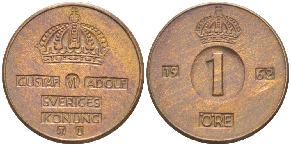 Швеция 1 эре 1962 U, Густав VI Адольф (1950-1973) KM 820 бронза 4516-758
