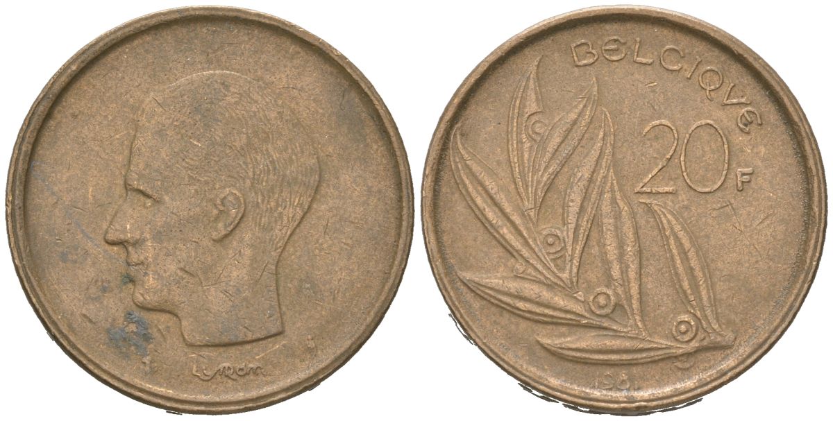 Бельгия 20 франков 1981 Belgique, Бодуэн I (1951-1993) KM 159 никель бронза 4616-1051