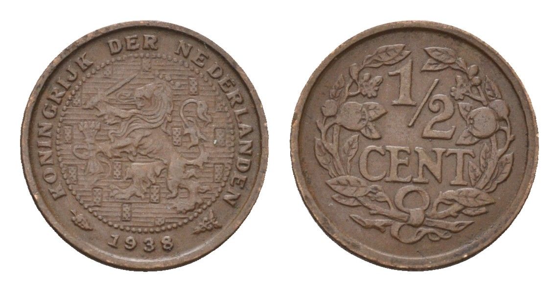 Нидерланды 1/2 цента 1938 Вильгельмина (1890-1948) KM 138 бронза 4674-1119