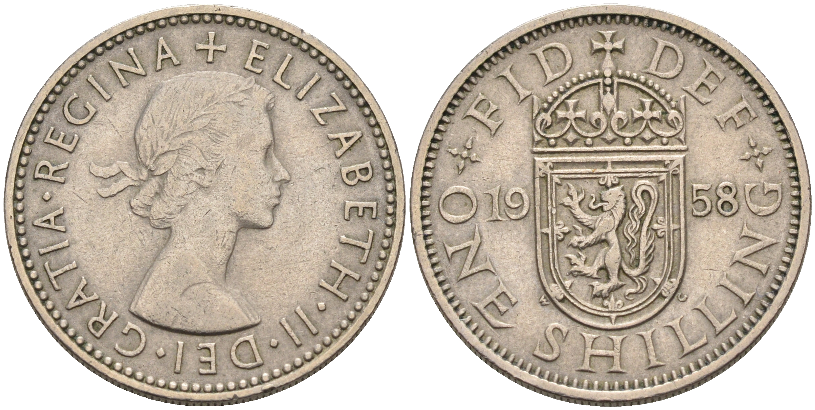 Великобритания 1 шиллинг 1958 Елизавета II (1952-2022), Шотландский герб KM 905, Spink 4148 медно-никель 4589-425
