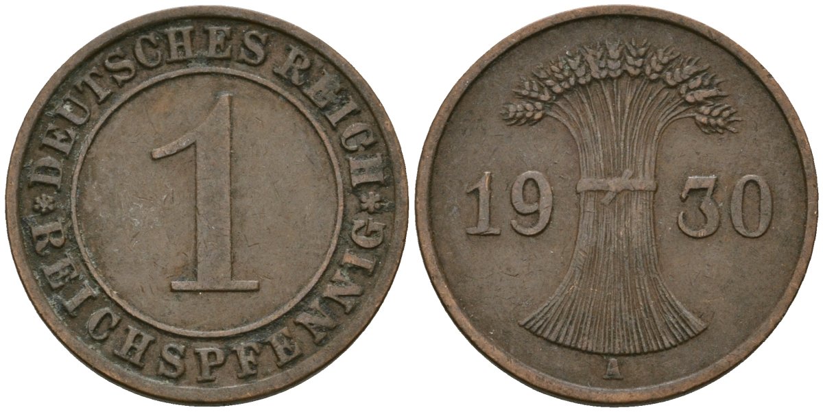 Германия 1 рейхспфенниг 1930 A KM 37, J. 313 бронза 4189-1131