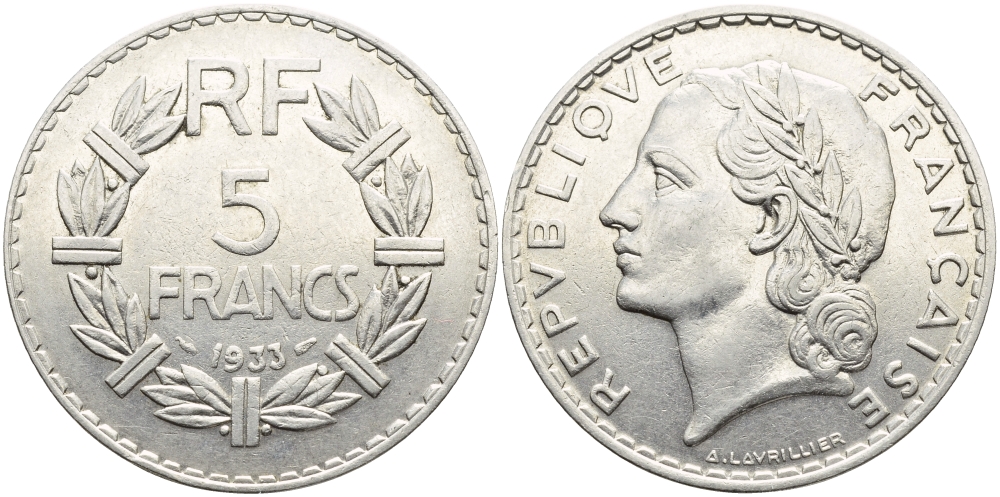 ФРАНЦИЯ 5 ФРАНКОВ 1933 KM 888 никель 4389-1111
