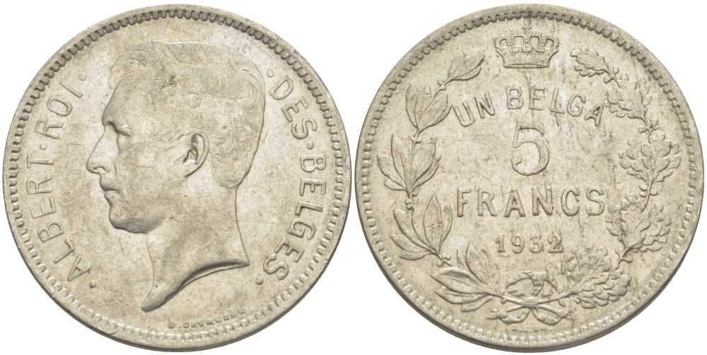 БЕЛЬГИЯ 5 ФРАНКОВ 1932 АЛЬБЕРТ I, DES BELGES KM 97.1 никель 3851-221