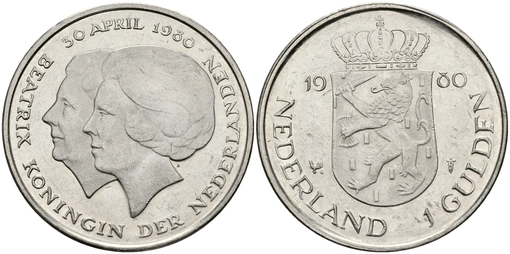 Нидерланды 1 гульден 1980 на коронацию Беатрикс, 30 апреля 1980 KM 200 никель 94-714