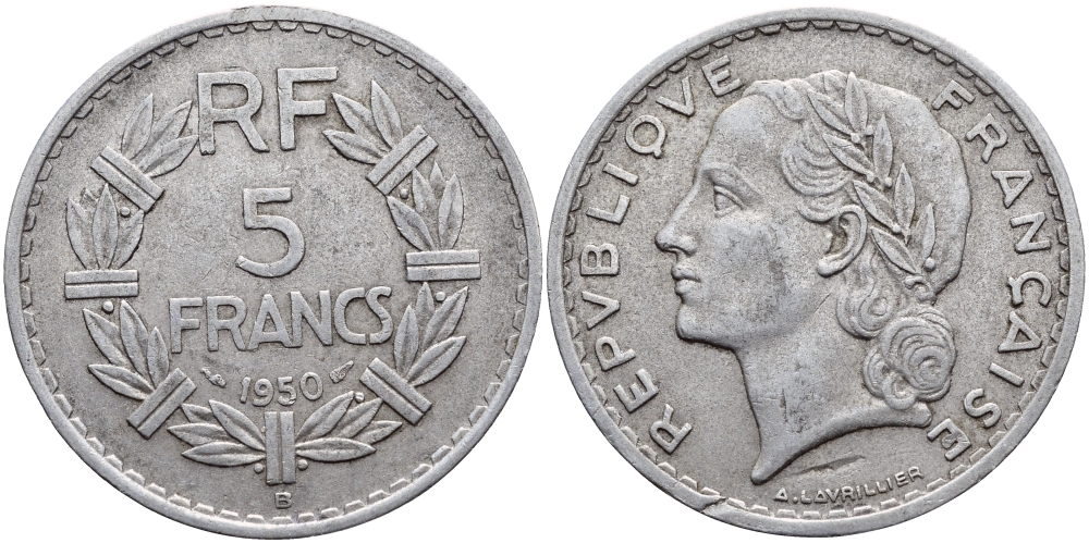 ФРАНЦИЯ 5 ФРАНКОВ 1950 B KM 888b.2 алюминий 74-225