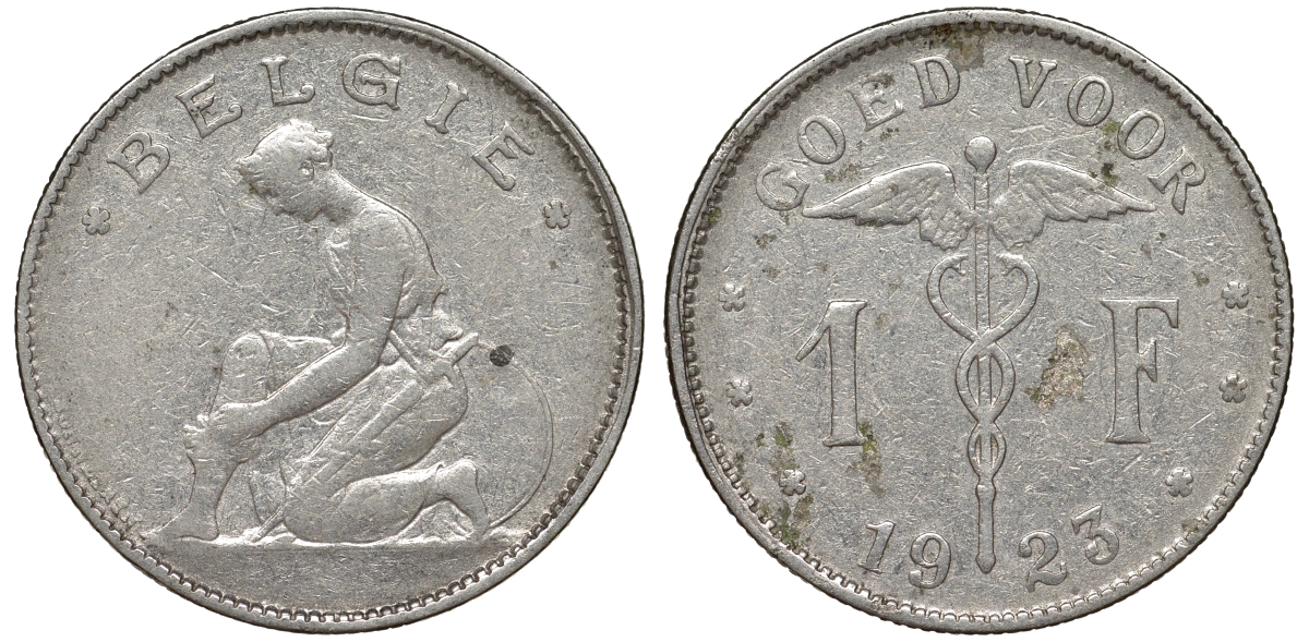 Бельгия 1 франк 1923 Belgie, Альберт I (1909-1934) KM 90 никель 51-942