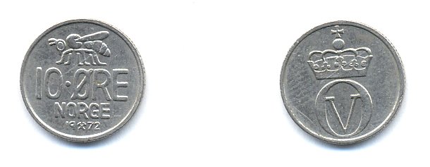 Норвегия 10 эре 1972 пчела, Улаф V (1958-1991) KM 411 медно-никель 4379-957