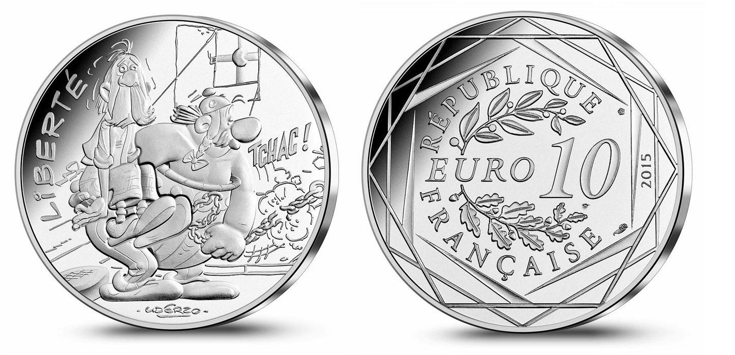 Франция 10 евро 2015 серия Астерикс и свобода, Обеликс бежит из тюрьмы, в оригинальном буклете KM NEW серебро UNC 1-4-3-13