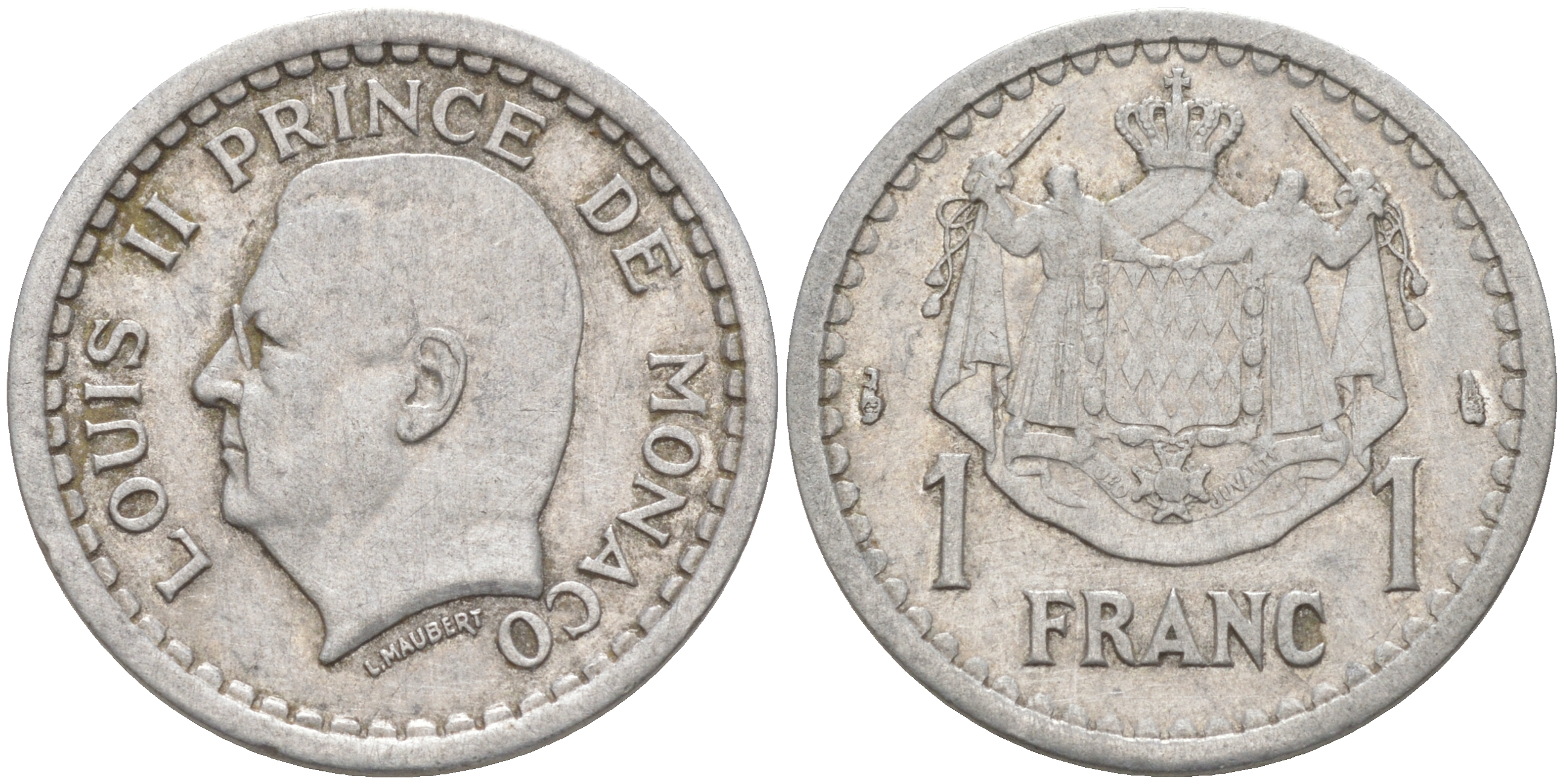 Монако 1 франк 1943 Луи II (1922-1949) KM 120 алюминий 190-525