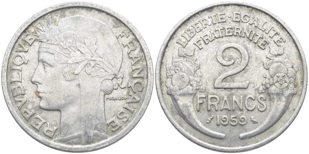 ФРАНЦИЯ 2 ФРАНКА 1959 KM 886a.1, LE FRANC 269.19 алюминий 109-1231