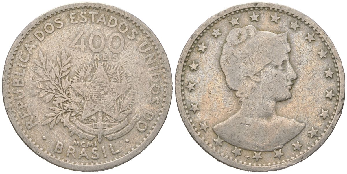 Бразилия 400 реалов 1901 MCMI, голова свободы вправо KM 505 медно-никель 4612-442