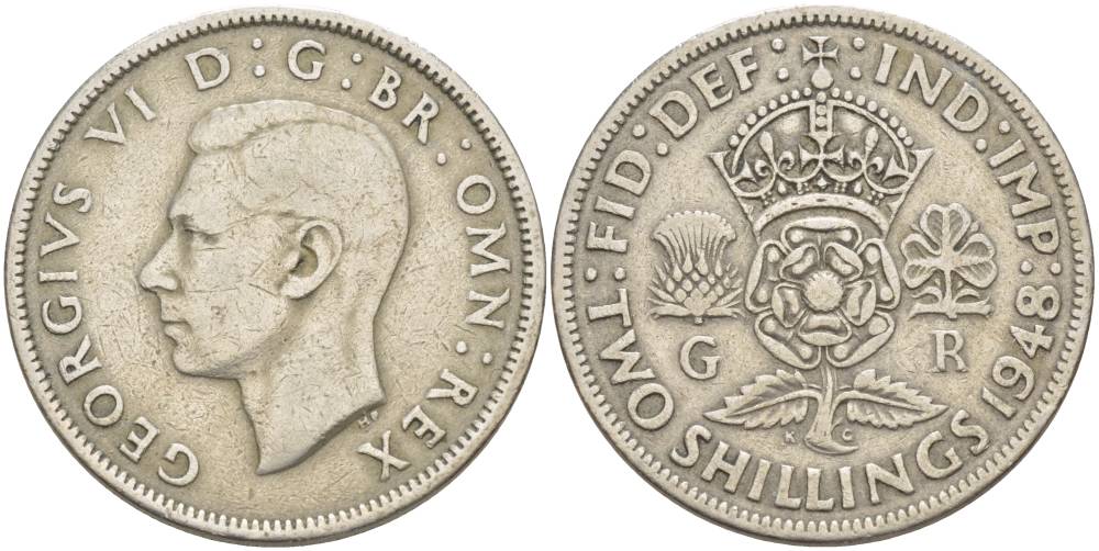 Великобритания 2 шиллинга (флорин) 1948 Георг VI (1936-1952) KM 865, Spink 4102 медно-никель 4183-1225
