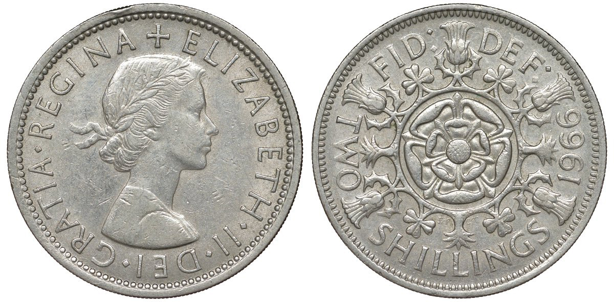 Великобритания 2 шиллинга (флорин) 1966 Елизавета II (1952-2022) KM 906, Spink 4146 медно-никель 51-2737
