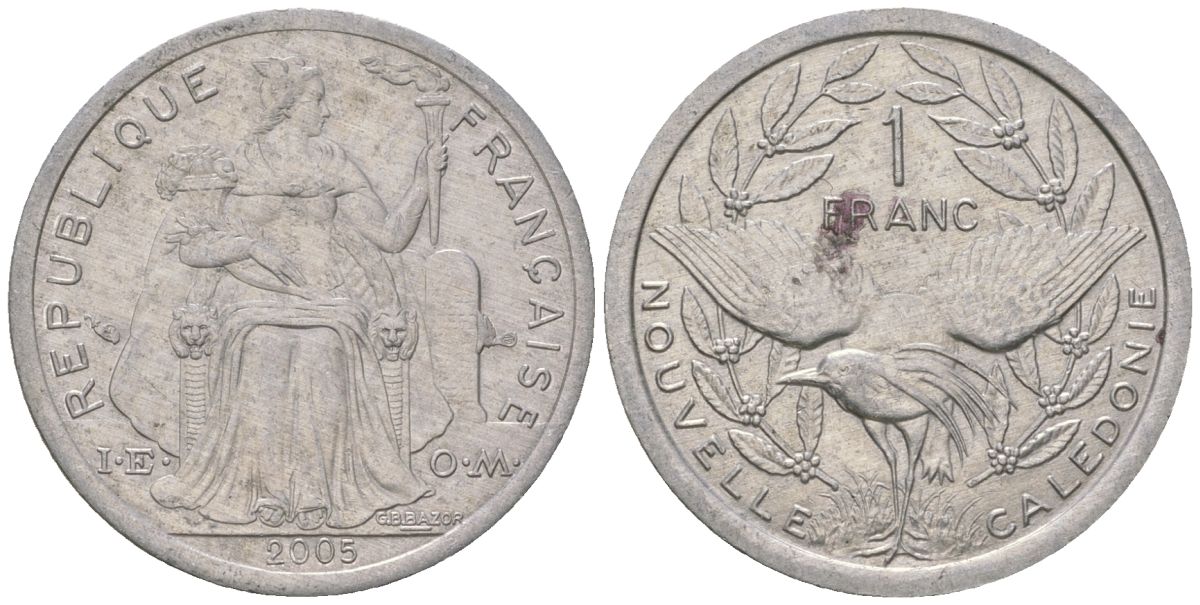 Французская Новая Каледония 1 франк 2005 птица кагу, (IEOM) KM 10, Schoen 10, Lec 52j алюминий 51-256