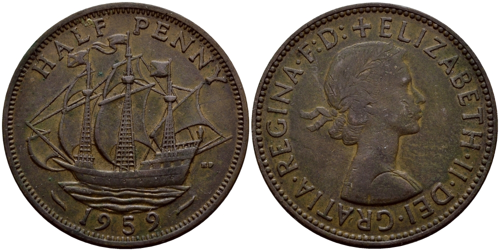 Великобритания 1/2 пенни 1959 Елизавета II (1952-2022) KM 896, Spink 4158 бронза 51-2141