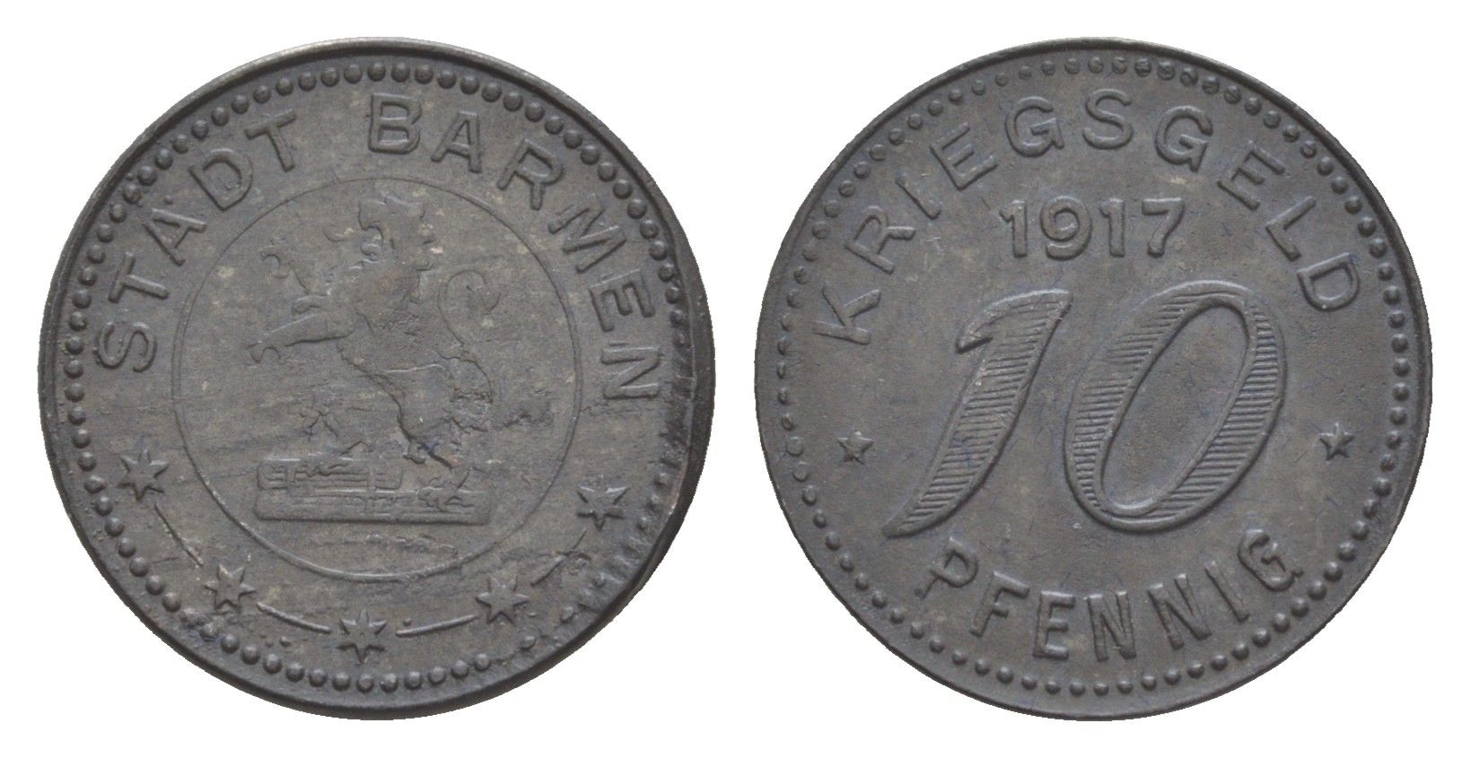 Бармен 10 пфеннигов 1917 Funck 30.1, Men05 1453.1, Men18 1851.1 цинк 4636-714