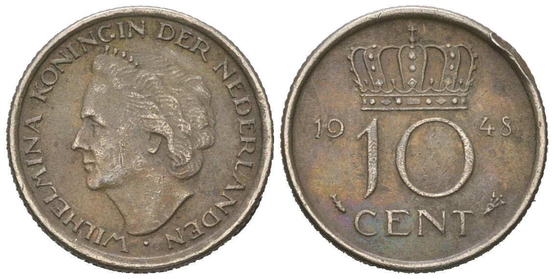 Нидерланды 10 центов 1948 Вильгельмина (1895-1948) KM 177 никель 4174-864