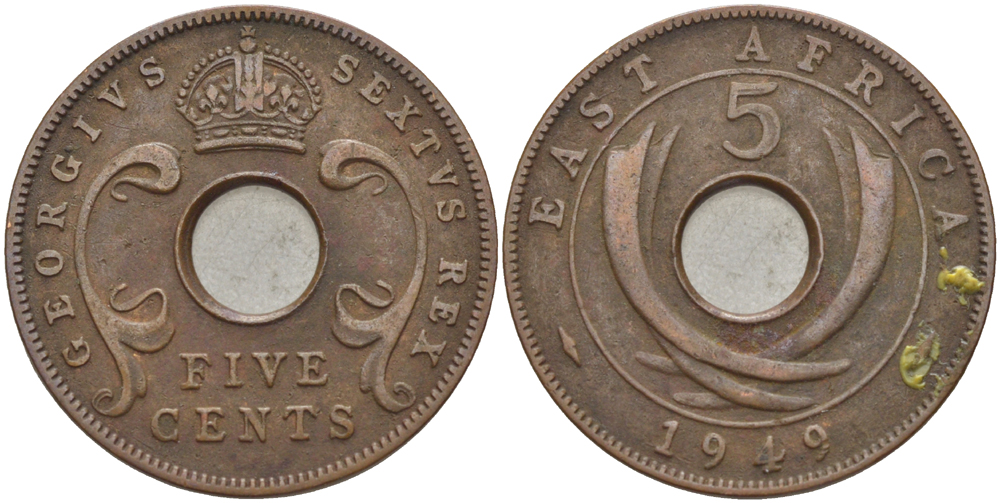 Британская Восточная Африка 5 центов 1949 Георг VI (1936-1952) KM 33 бронза 94-154