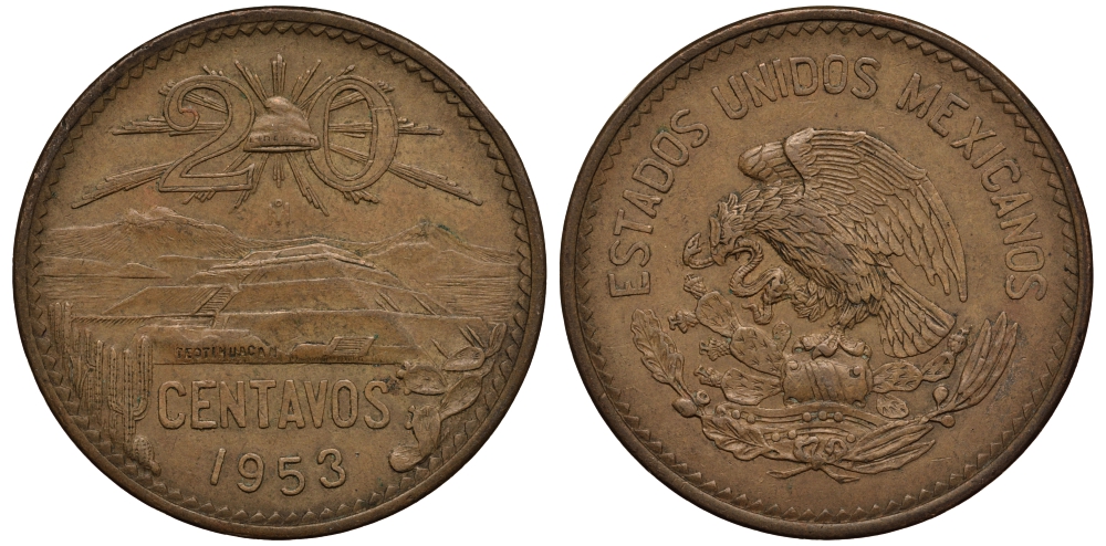 МЕКСИКА 20 СЕНТАВО 1953 ПИРАМИДА СОЛНЦА В ТЕОТИУАКАНЕ KM 439 бронза VF 215-835