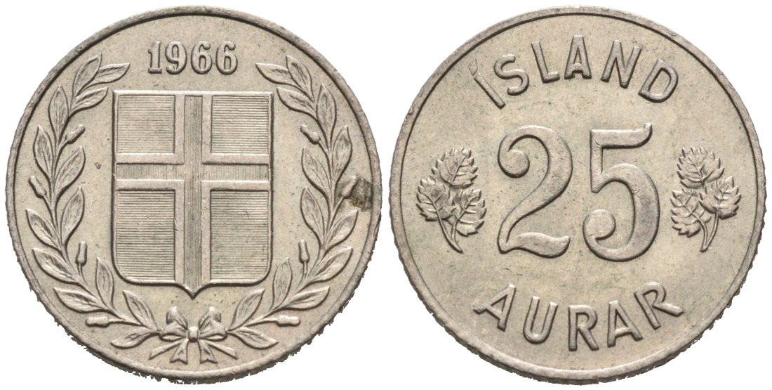 Исландия 25 эйре 1966 KM 11 медно-никель 4564-619