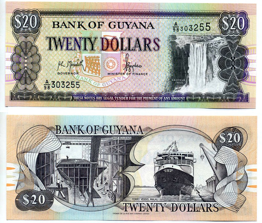 Гайана 20 долларов ND (1996-2018) водопад Кайетур, судостроение, паромное судно "Малали" Pick 30 a  бумага UNC (пресс) 6293-48-1-2