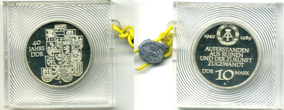 ГДР 10 марок 1989 A, 40 лет ГДР, тираж 3000 экз., в оригинальной упаковке, с пломбой KM 132 медно-никель PROOF 5-3-1-11