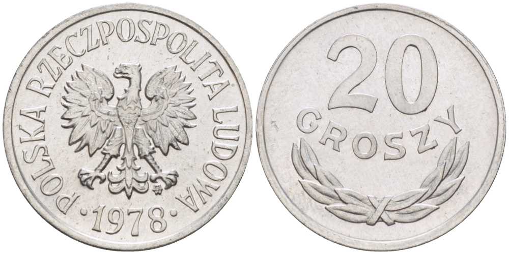 ПОЛЬША 20 ГРОШЕЙ 1978 MW KM А47 алюминий UNC 201-465