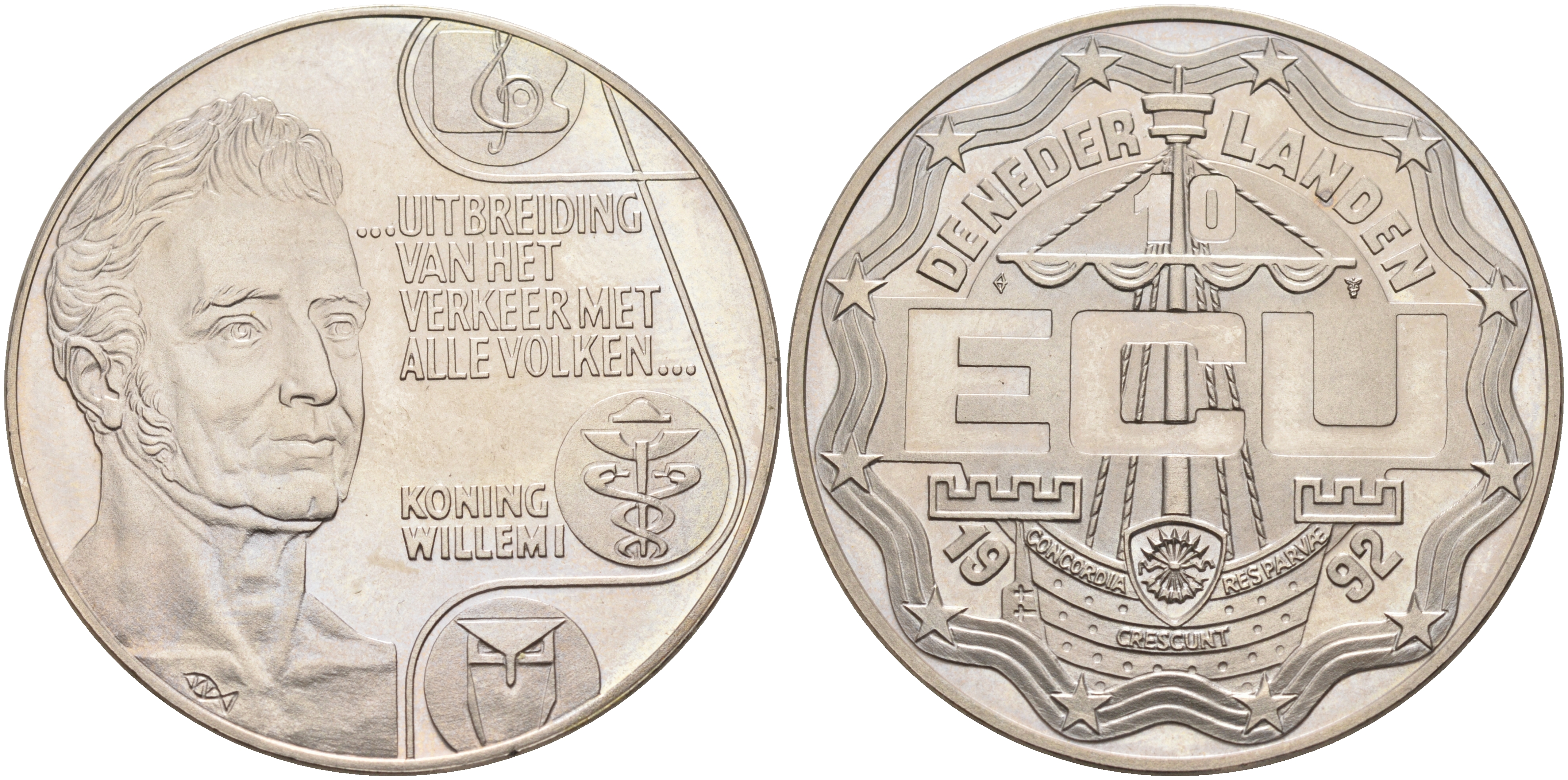 Нидерланды 10 экю 1992 король Виллем I, расширение торговли со всеми странами, диаметр 39 мм, медно-никель UNC 4552-1212