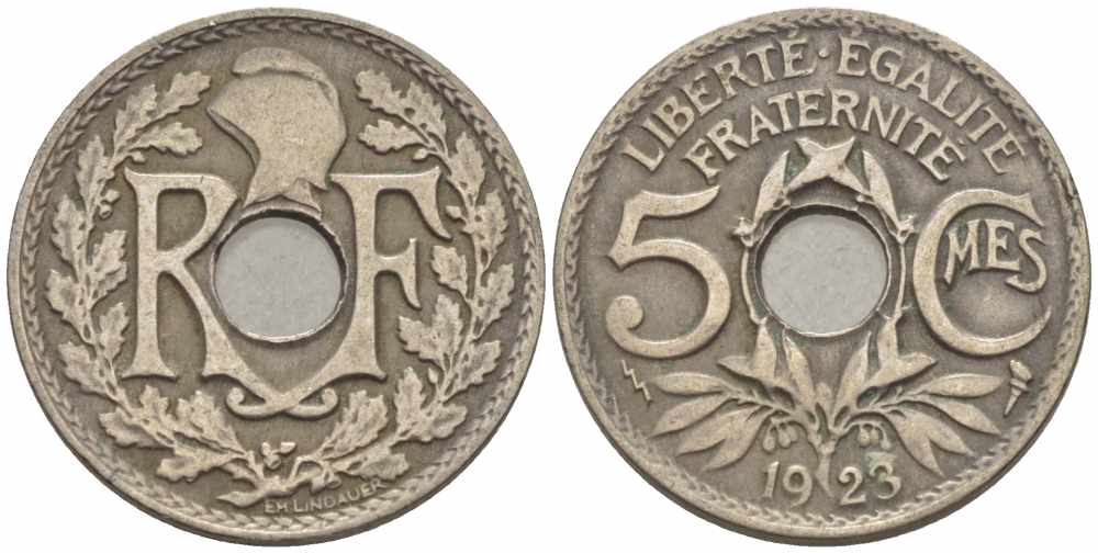 ФРАНЦИЯ 5 САНТИМОВ 1923 tb, ТИП ЛИНДАЙЁ, МОНЕТНЫЙ ДВОР ПУАССИ, МОЛНИЯ KM 875, LE FRANC 122.7 медно-никель 4379-542