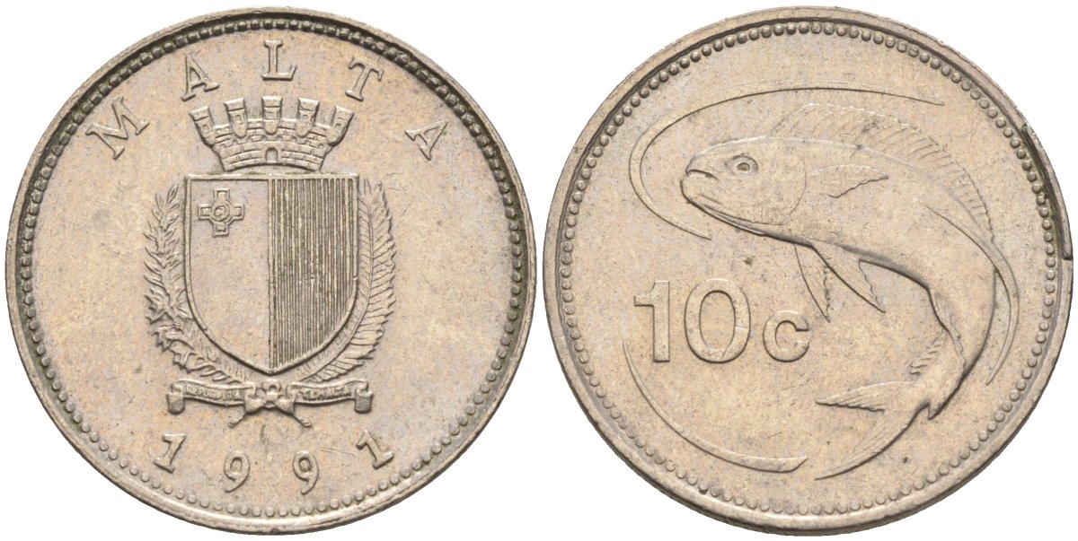 Мальта 10 центов 1991 золотая макрель KM 96 медно-никель 4588-232