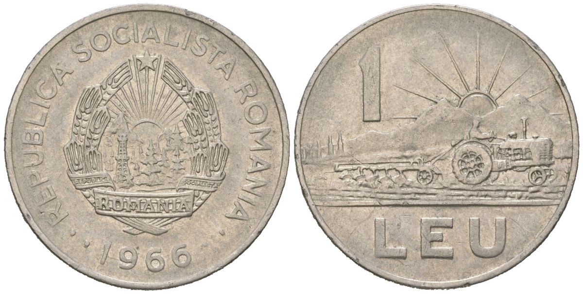 Румыния 1 лей 1966 KM 95 сталь плакированная никелем 94-856