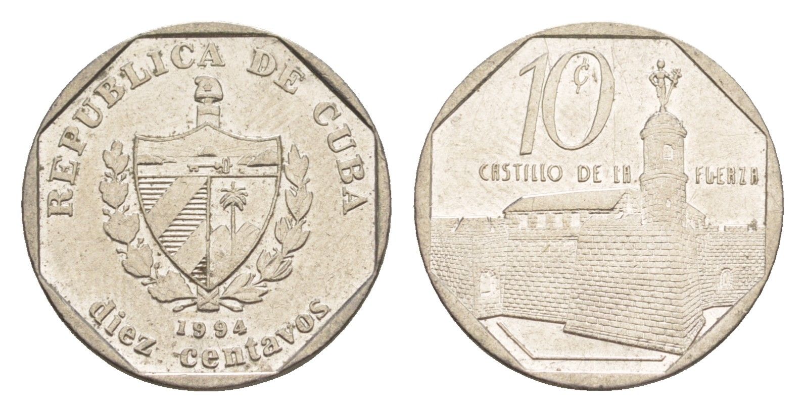 Куба 10 сентаво 1994 форт в Гаване Ла-Фуэрса KM 576.1 сталь плакированная никелем 4644-732