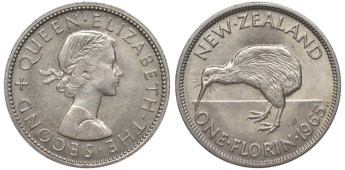 Новая Зеландия 1 флорин 1965 Елизавета II (1952-2022), птичка киви KM 28.2 медно-никель UNC 4526-526