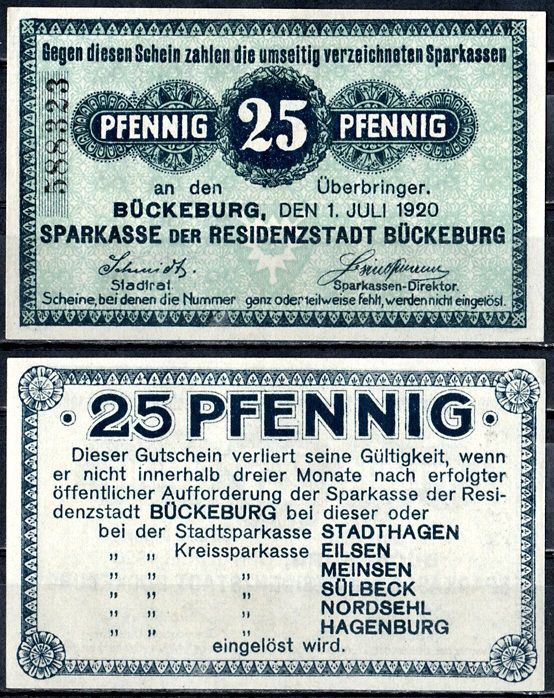 Бюккебург 25 пфеннигов 1920 Mehl Grabowski B97.3a бумага UNC (пресс) 7556-51-1-1