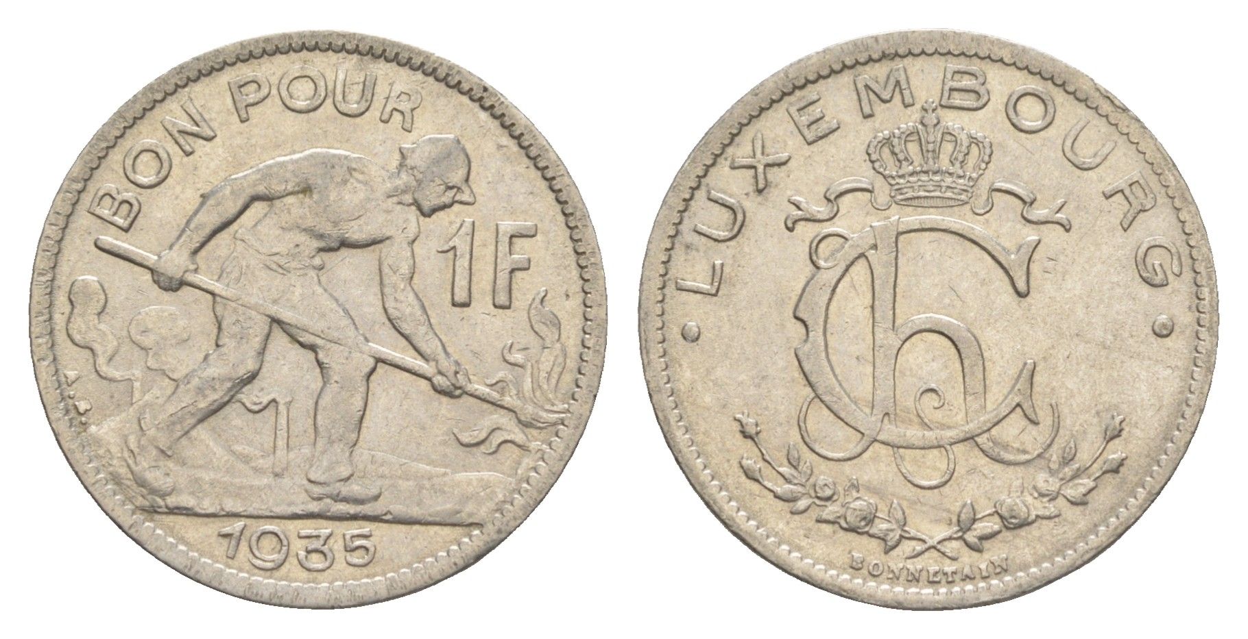 Люксембург 1 франк 1935 Шарлотта (1918-1964) KM 35 никель aUNC 4566-552