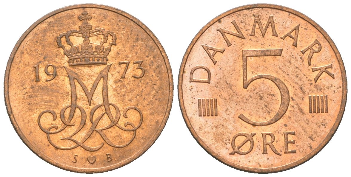 Дания 5 эре 1973 S; B, Маргрете II (1972-2024) KM 859.1 железо плакированная медью aUNC 3955-616