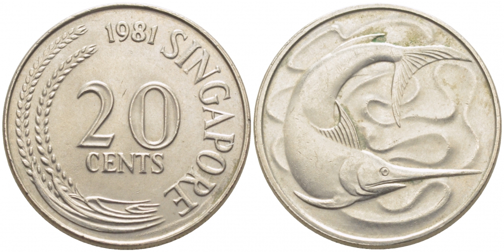 СИНГАПУР 20 ЦЕНТОВ 1981 ГОЛУБОЙ МАРЛИН, ТУНЕЦ KM 4 медно-никель UNC 3856-1033