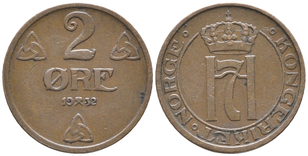 НОРВЕГИЯ 2 ЭРЕ 1932 ХОКОН VII (1905-1957) KM 371 бронза 34-621