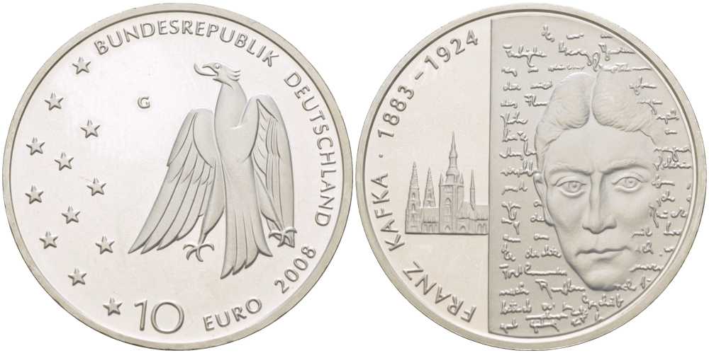 ФРГ 10 евро 2008 G, 125 лет со дня рождения Франца Кафки KM 271, DE.S. 10.36 серебро PROOF 413-432