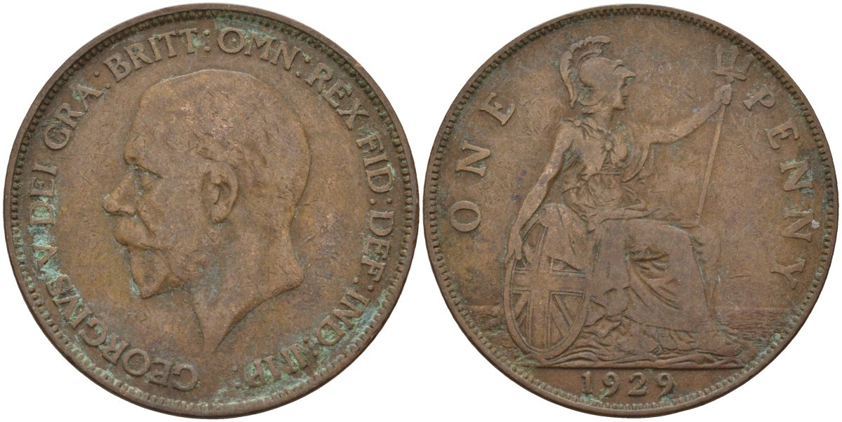 Великобритания 1 пенни 1929 Георг V (1910-1936) KM 838, Spink 4055 бронза 4144-514