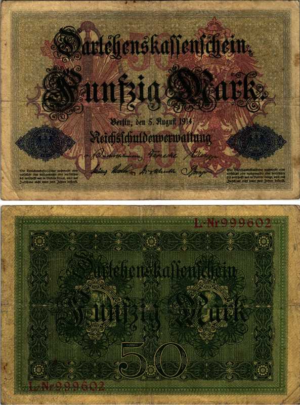ГЕРМАНИЯ 50 МАРОК 1914 5 АВГУСТА 1914, ШЕСТИЗНАЧНЫЙ НОМЕР Pick 49а бумага 7487-14-2