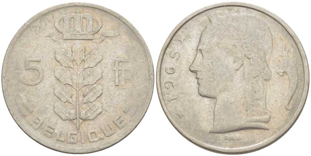 БЕЛЬГИЯ 5 ФРАНКОВ 1965 BELGIQUE, БОДУЭН I (1951-1993) KM 134.1 медно-никель 213-553