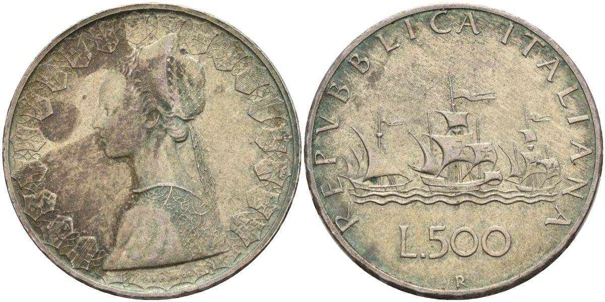 Италия 500 лир 1966 R, корабли Колумба, королева Изабелла KM 98 серебро 4593-1114