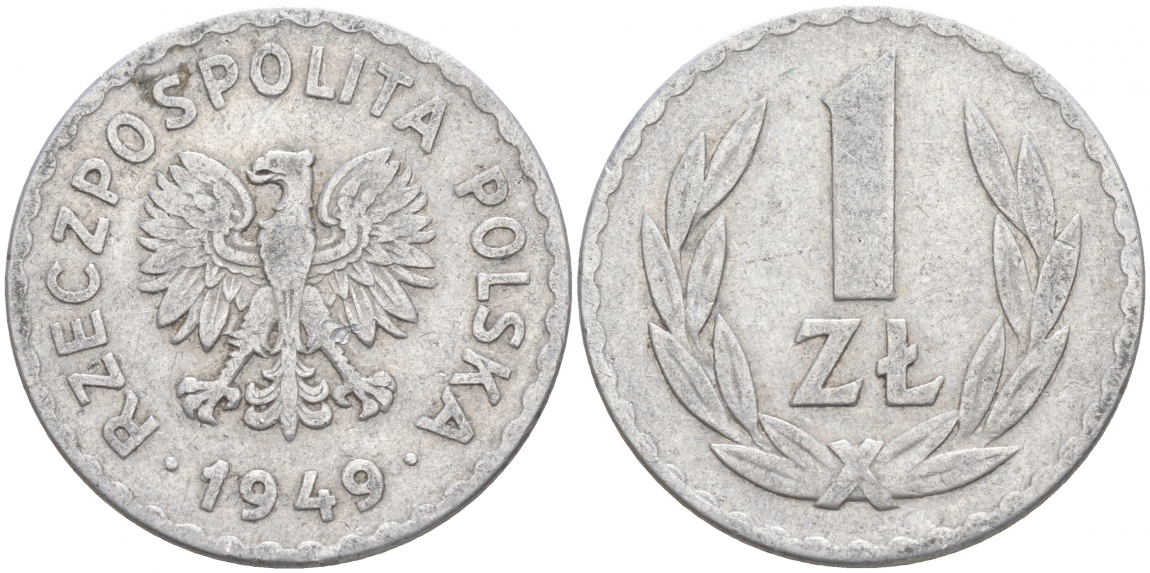 ПОЛЬША 1 ЗЛОТЫЙ 1949 KM 45а алюминий 68-414