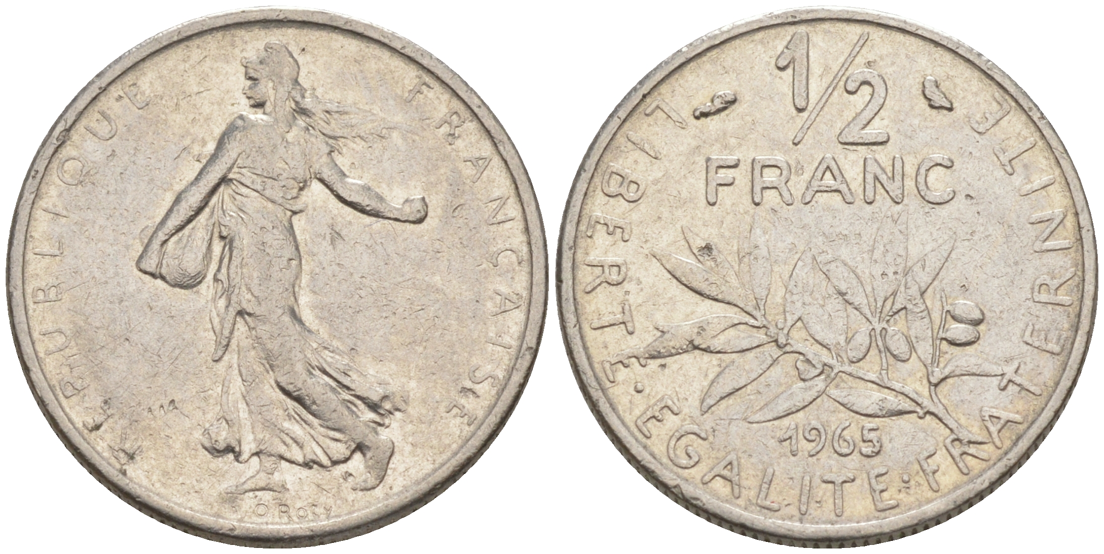 Франция 1/2 франка 1965 сеятель KM 931, Le Franc 198.3 никель 55-135
