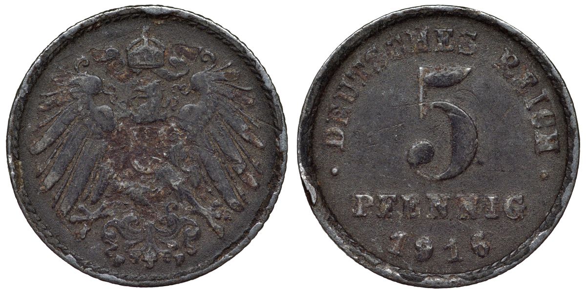 Германия 5 пфеннигов 1916 F KM 19, J. 297, Weege 5 железо 4118-1046