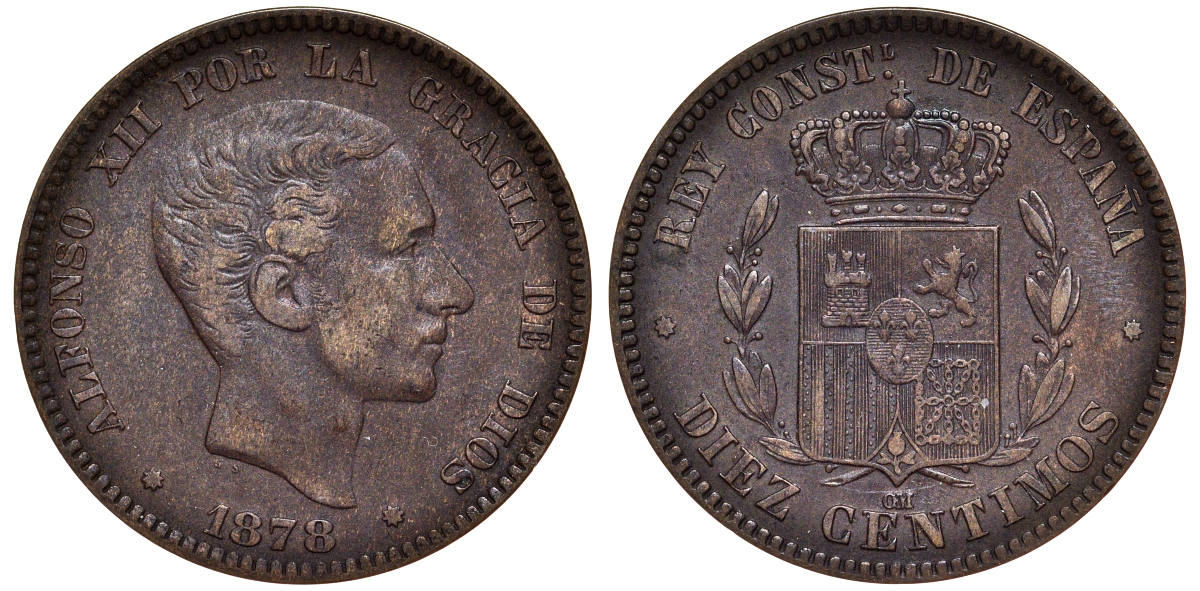 Испания 10 сентимо 1878 ОМ, Альфонсо XII KM 675 бронза    1530-633