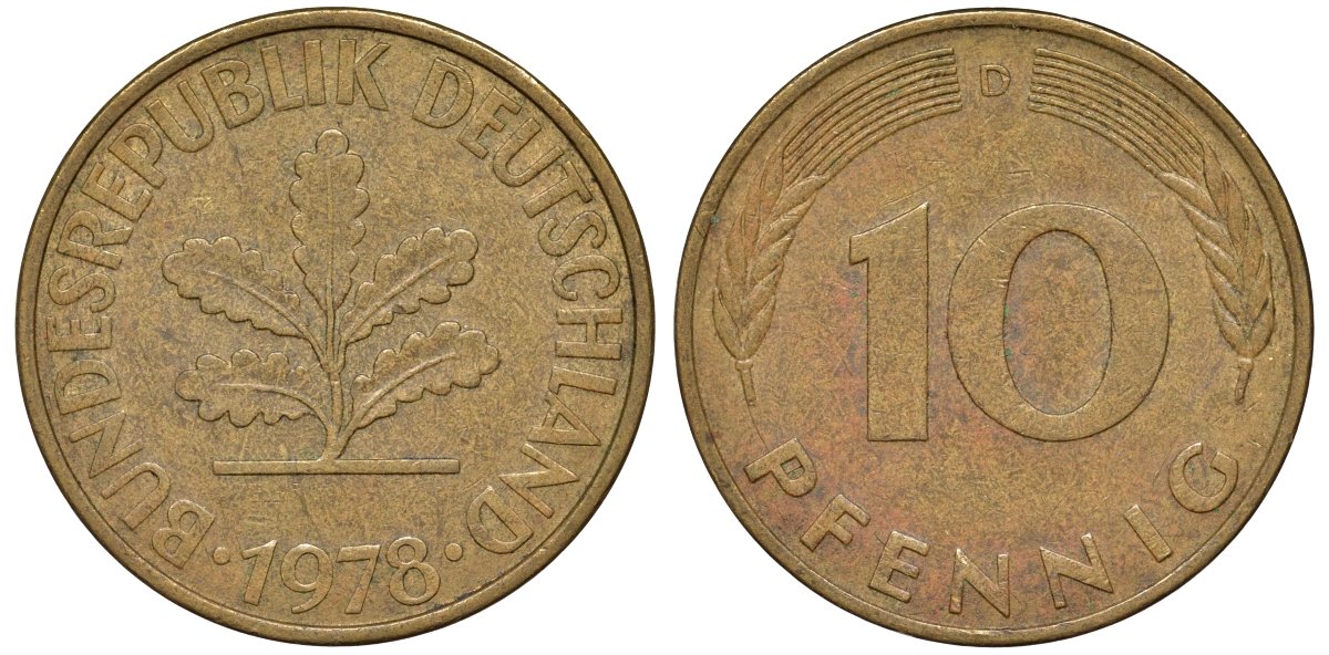 ФРГ 10 пфеннигов 1978 D KM 108, J. 383 сталь плакированная латунью 4132-552