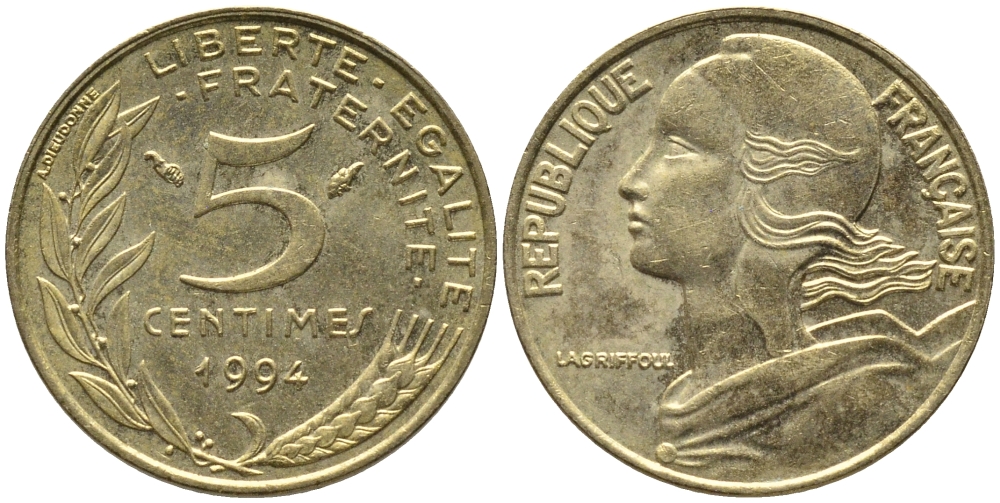 ФРАНЦИЯ 5 САНТИМОВ 1994 ТИП MARIANNE KM 933 медь алюминий никель 99-1128